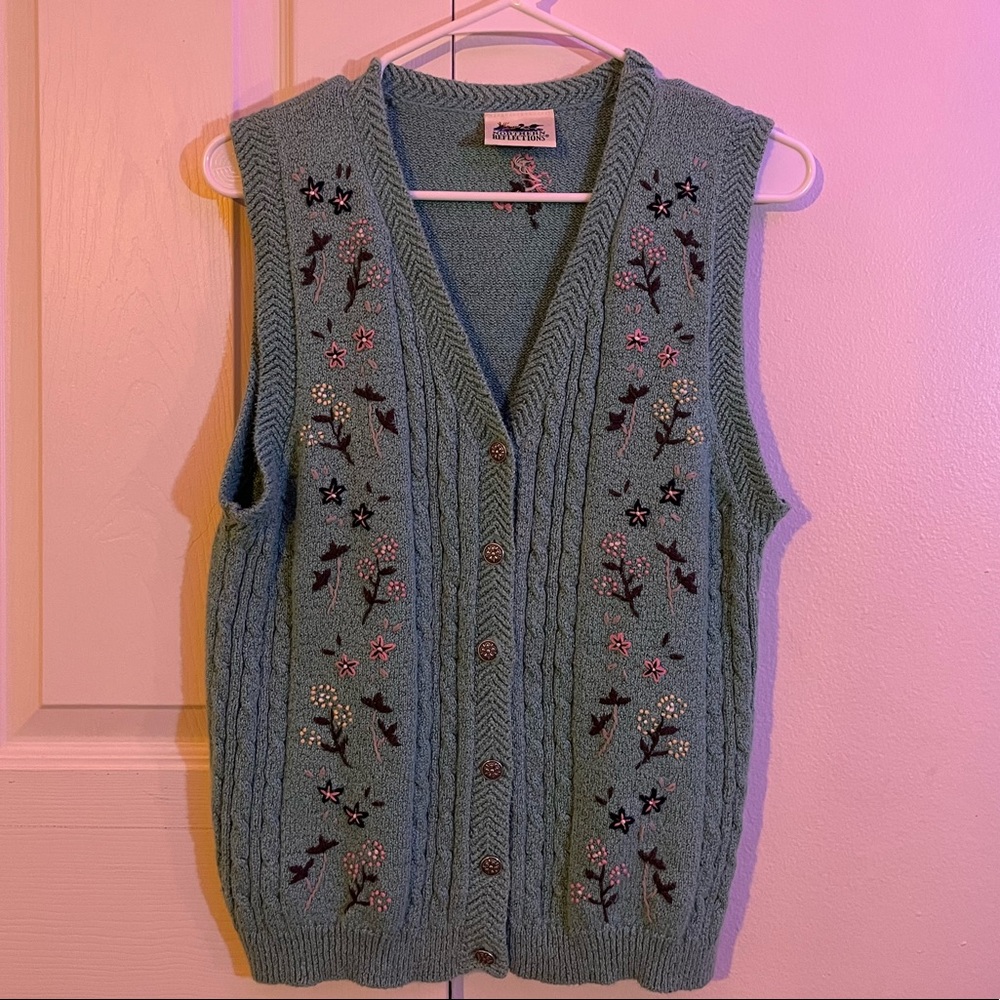Vintage Floral Knit Sweater Vest - blue